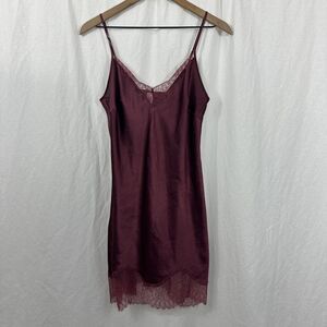 Victorias Secret Burgundy Red Lace Trim Satin Slip Night Dress Womens Sz S